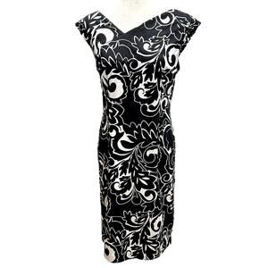 Glamour Sheath Dress Black & White Asymmetrical Neckline Cotton Blend Size 14